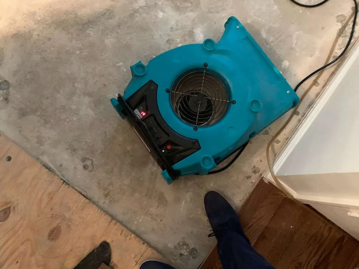 Air mover drying subfloor during Commercial Water Damage Restoration in Lee